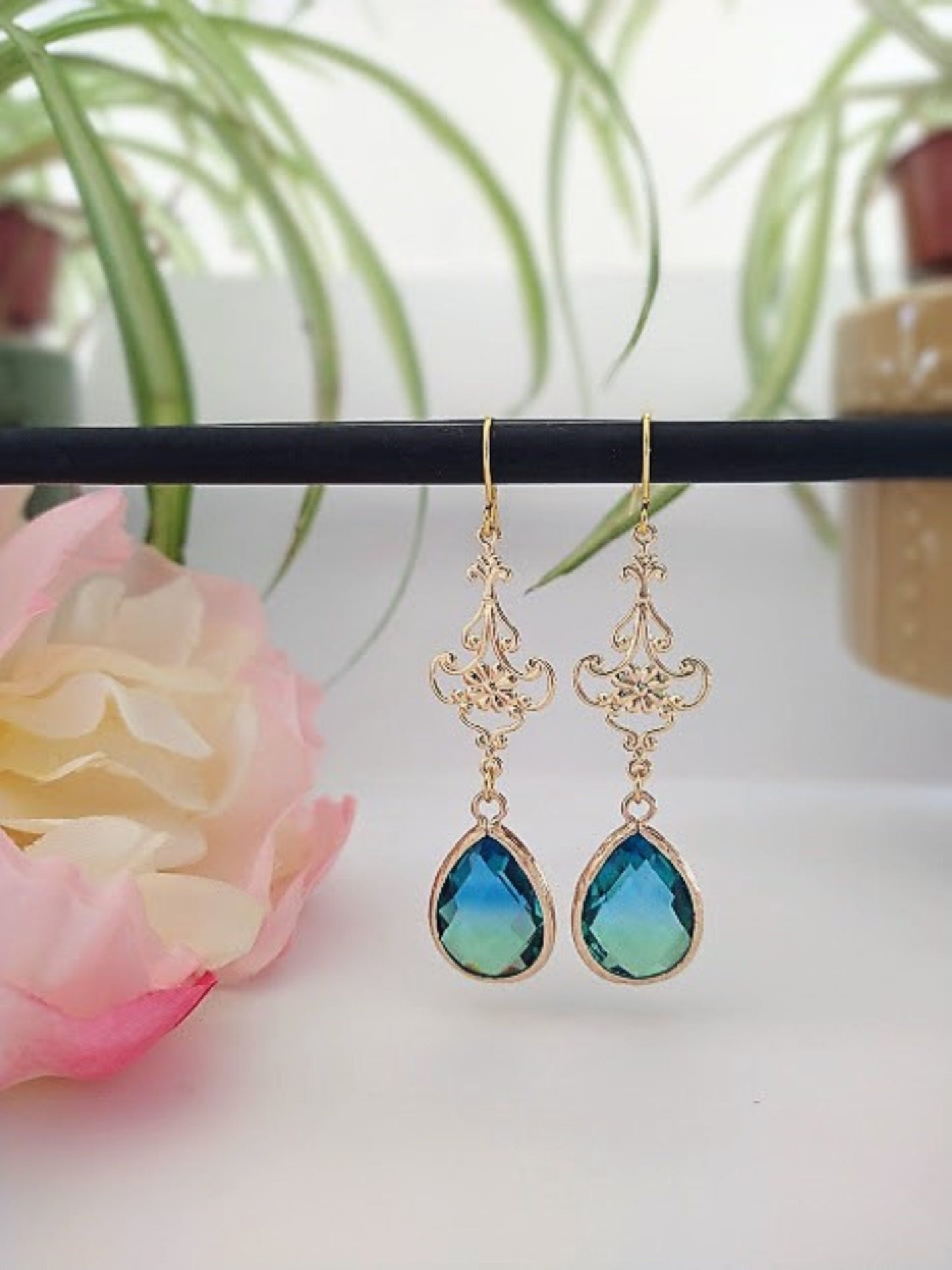 Blue & Green Gold Glass Teardrop Dangle Earrings, Minimalist Style, Bridal Drop Earrings, Multi Color, Gift For Her, Bridesmaid Earrings