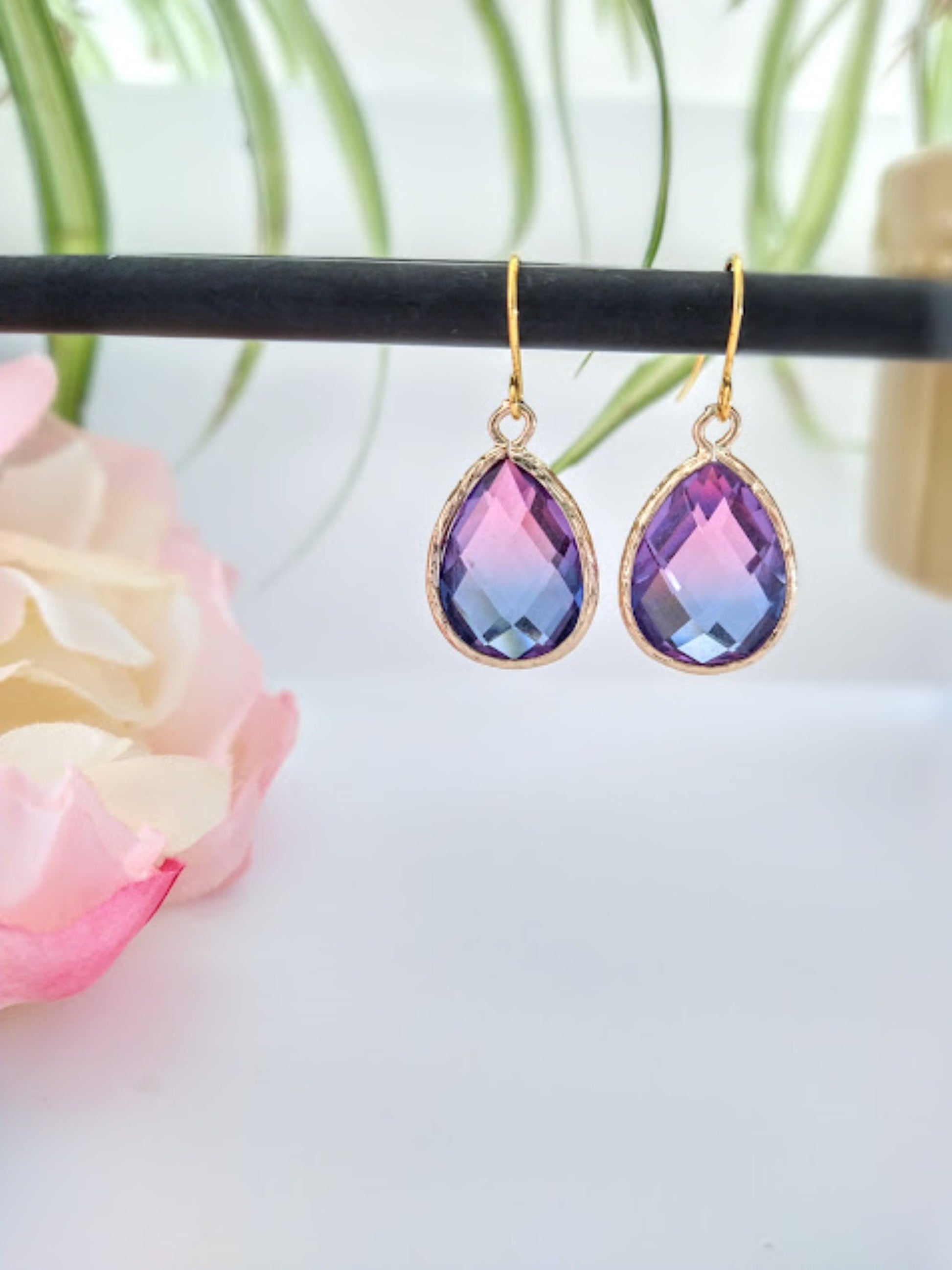 Blue & Purple Gold Glass Teardrop Dangle Earrings, Minimalist Style, Bridal Drop Earrings, Multi Color - Bad Apple Designs Jewelry