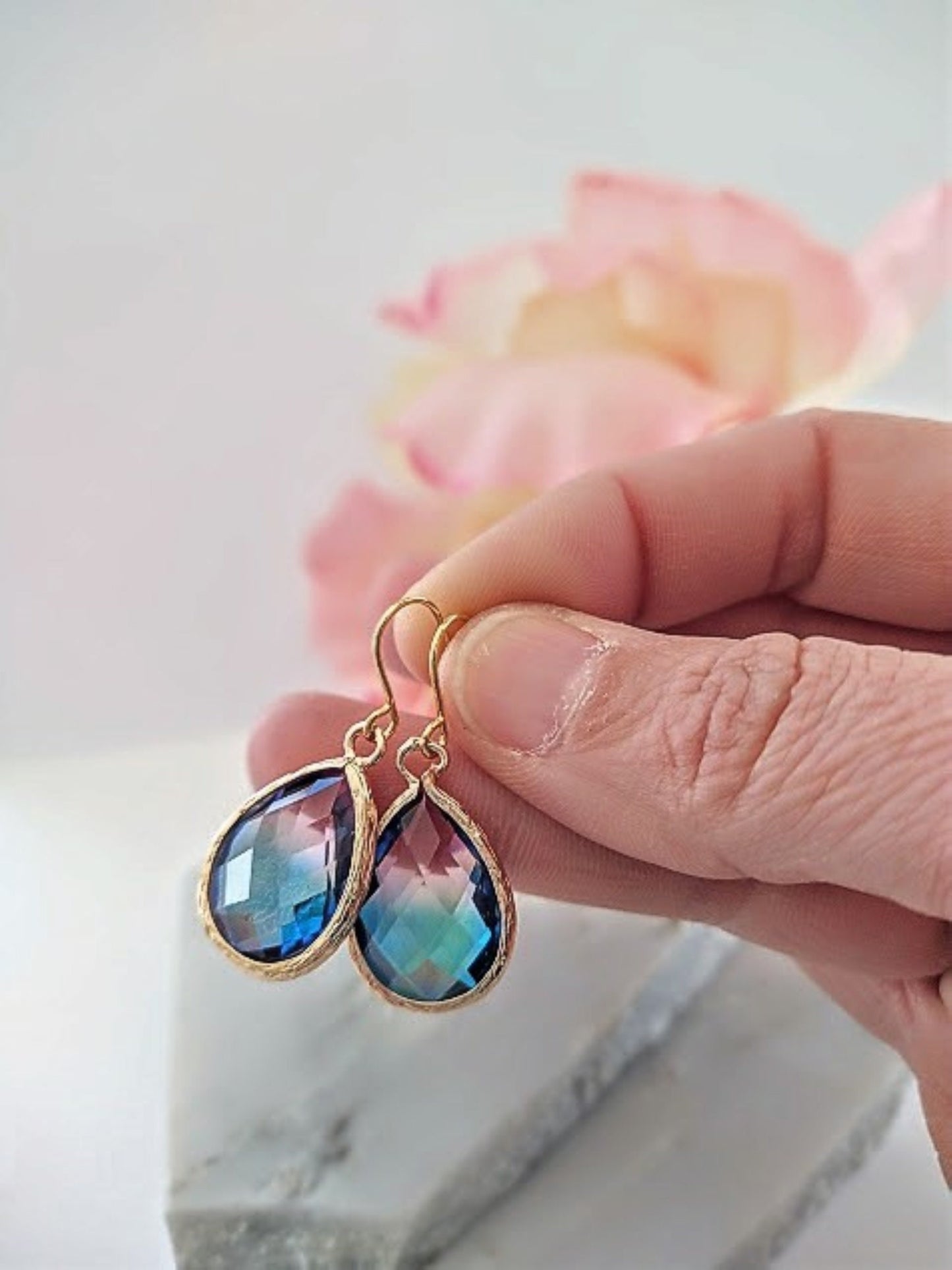 Blue & Purple Gold Glass Teardrop Dangle Earrings, Minimalist Style, Bridal Drop Earrings, Multi Color - Bad Apple Designs Jewelry