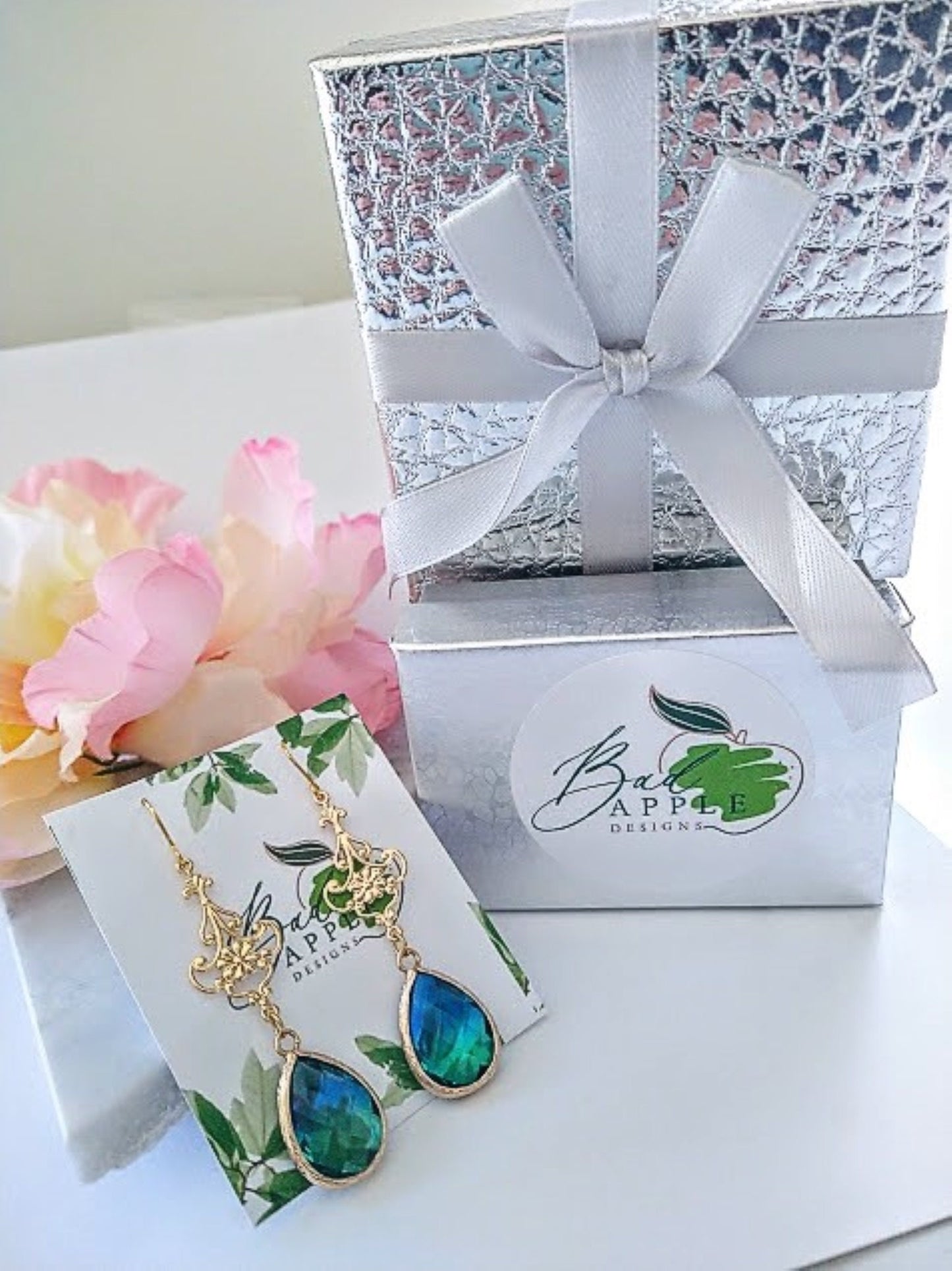 Blue & Green Gold Glass Teardrop Dangle Earrings, Minimalist Style, Bridal Drop Earrings, Multi Color, Gift For Her, Bridesmaid Earrings