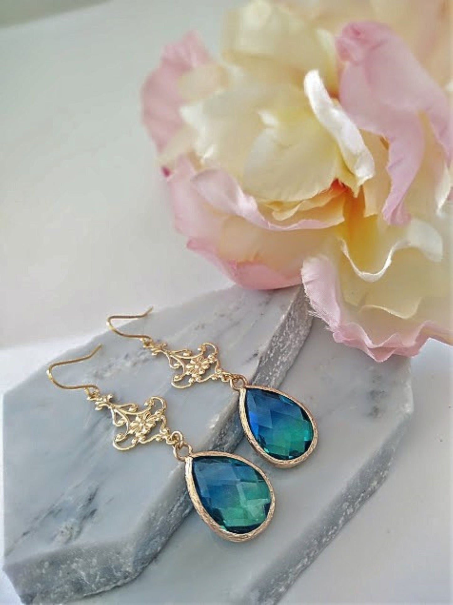 Blue & Green Gold Glass Teardrop Dangle Earrings, Minimalist Style, Bridal Drop Earrings, Multi Color, Gift For Her, Bridesmaid Earrings