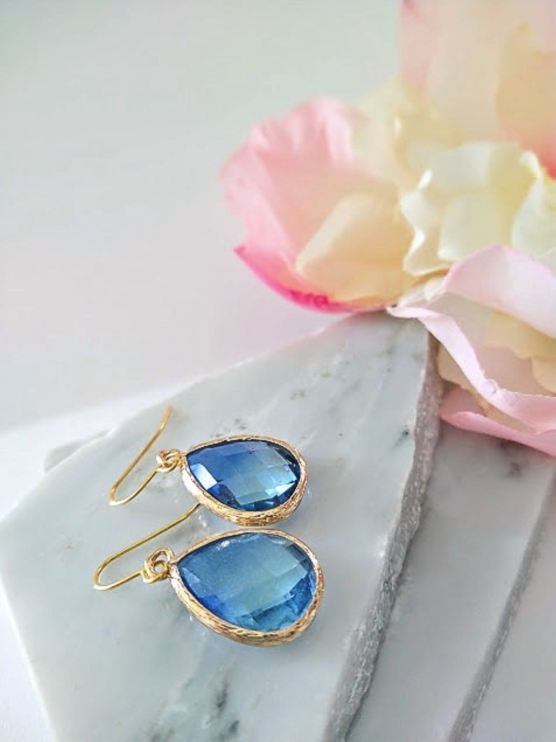 Blue & White Glass Teardrop Gold Dangle Earrings, Minimalist Style, Bridal Drop Earrings, Multi Color - Bad Apple Designs Jewelry