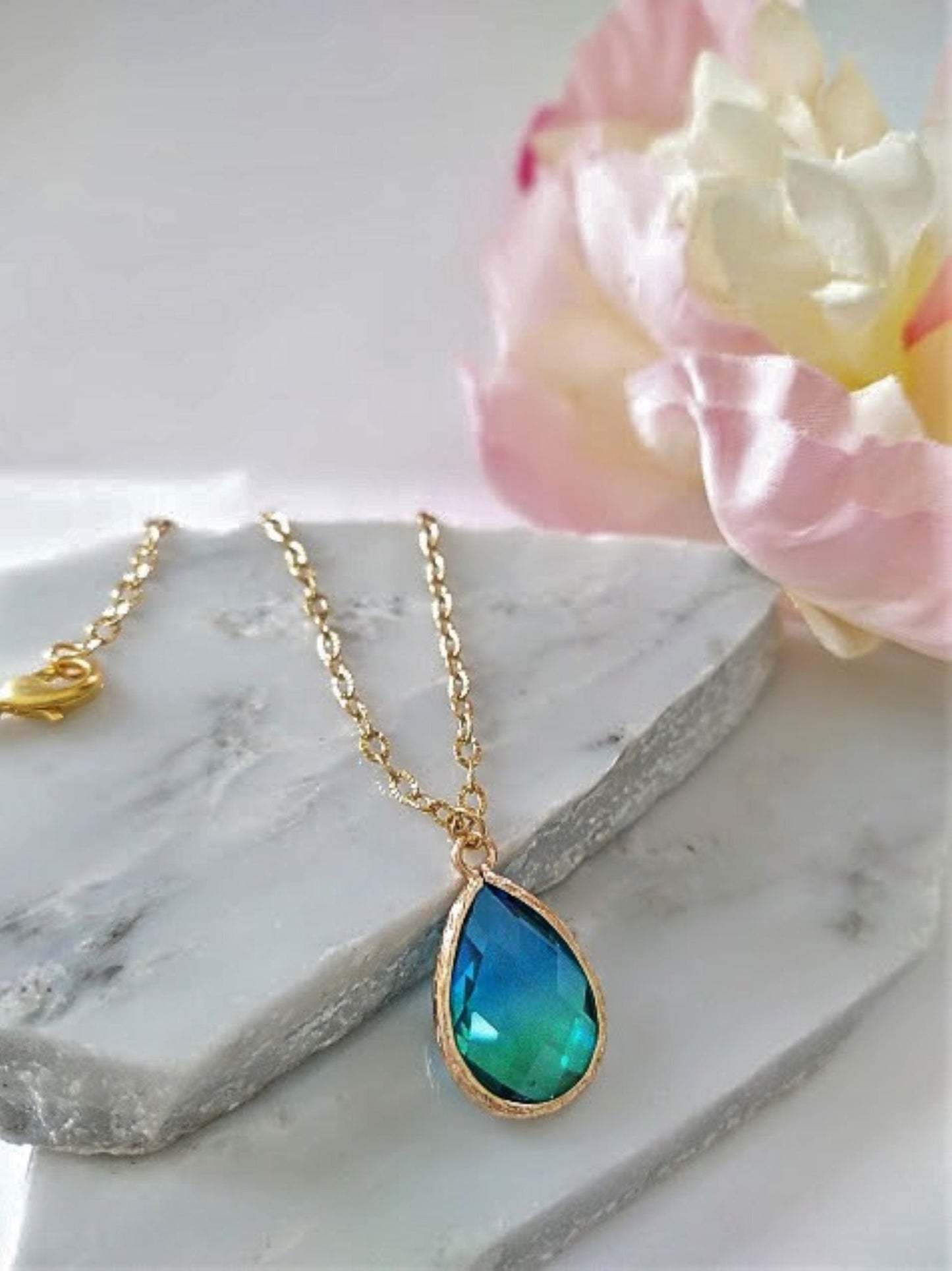 Faceted Sapphire Emerald Teardrop Minimalist Necklace by Bad Apple Designs, Bridal Jewelry, Bridesmaid Necklaces, Gift For Her, Dainty