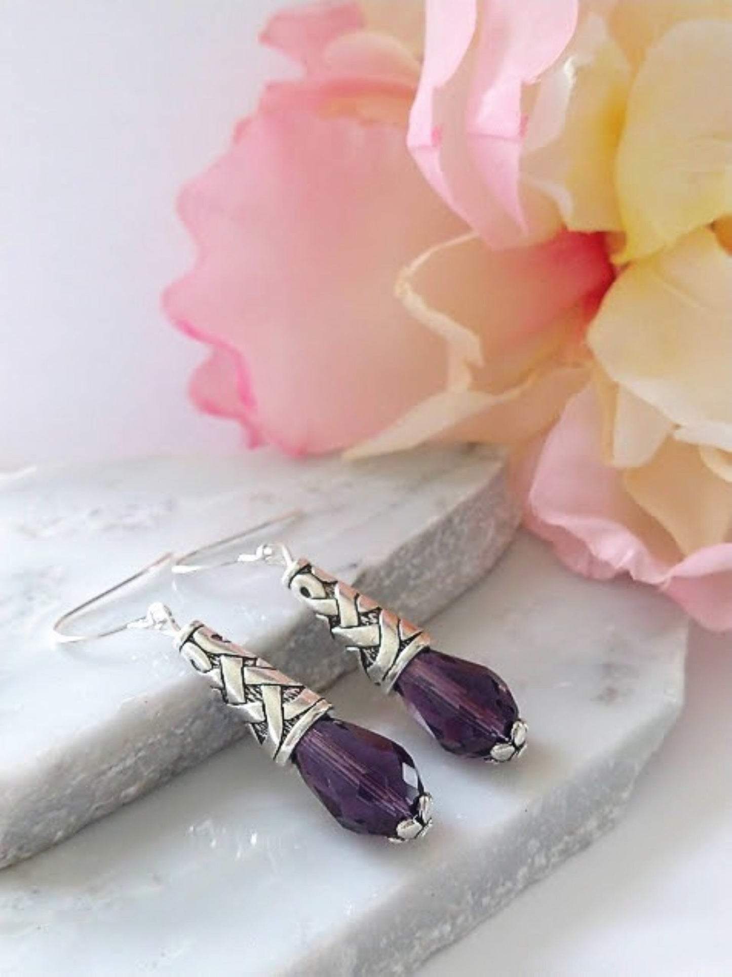Amethyst Purple Teardrop Crystal Silver Dangle Earrings, Drop Earrings, Gift For Her, Mother's Day Gift, Amethyst Gemstone Earrings