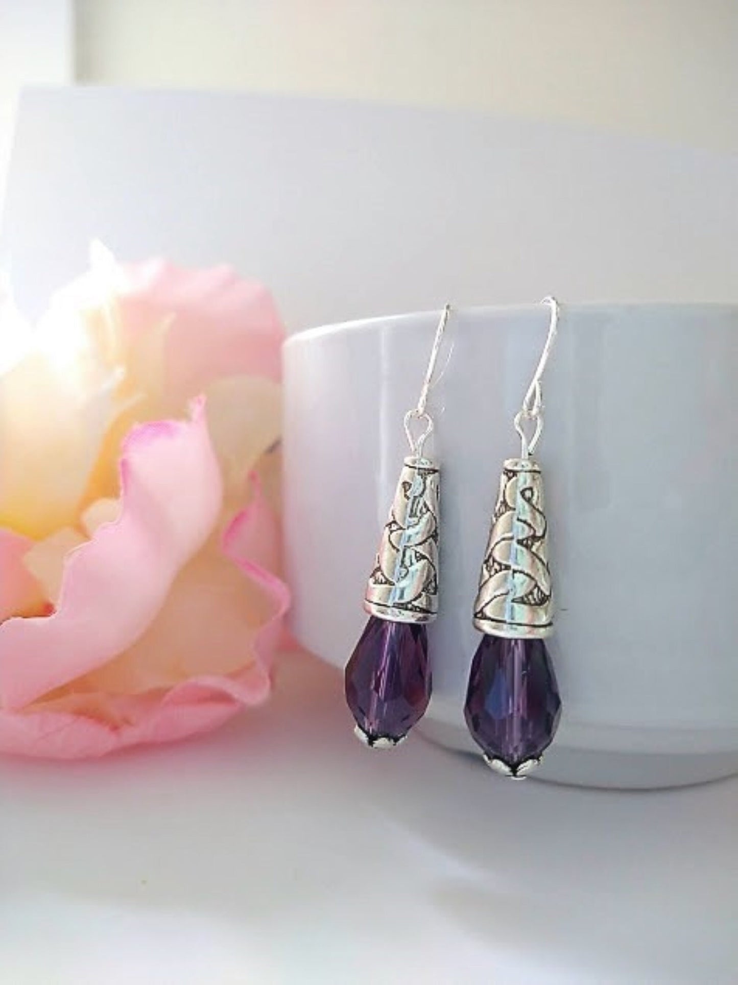 Amethyst Purple Teardrop Crystal Silver Dangle Earrings, Drop Earrings, Gift For Her, Mother's Day Gift, Amethyst Gemstone Earrings