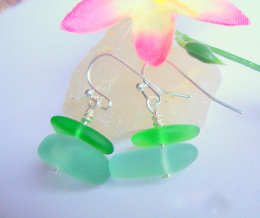 Aqua Blue & Green Pebble Shaped Frosted Sea Glass Silver Ladies Dangle Earrings- Seaglass Beach Jewelry-Beach Wedding-Gift For Her