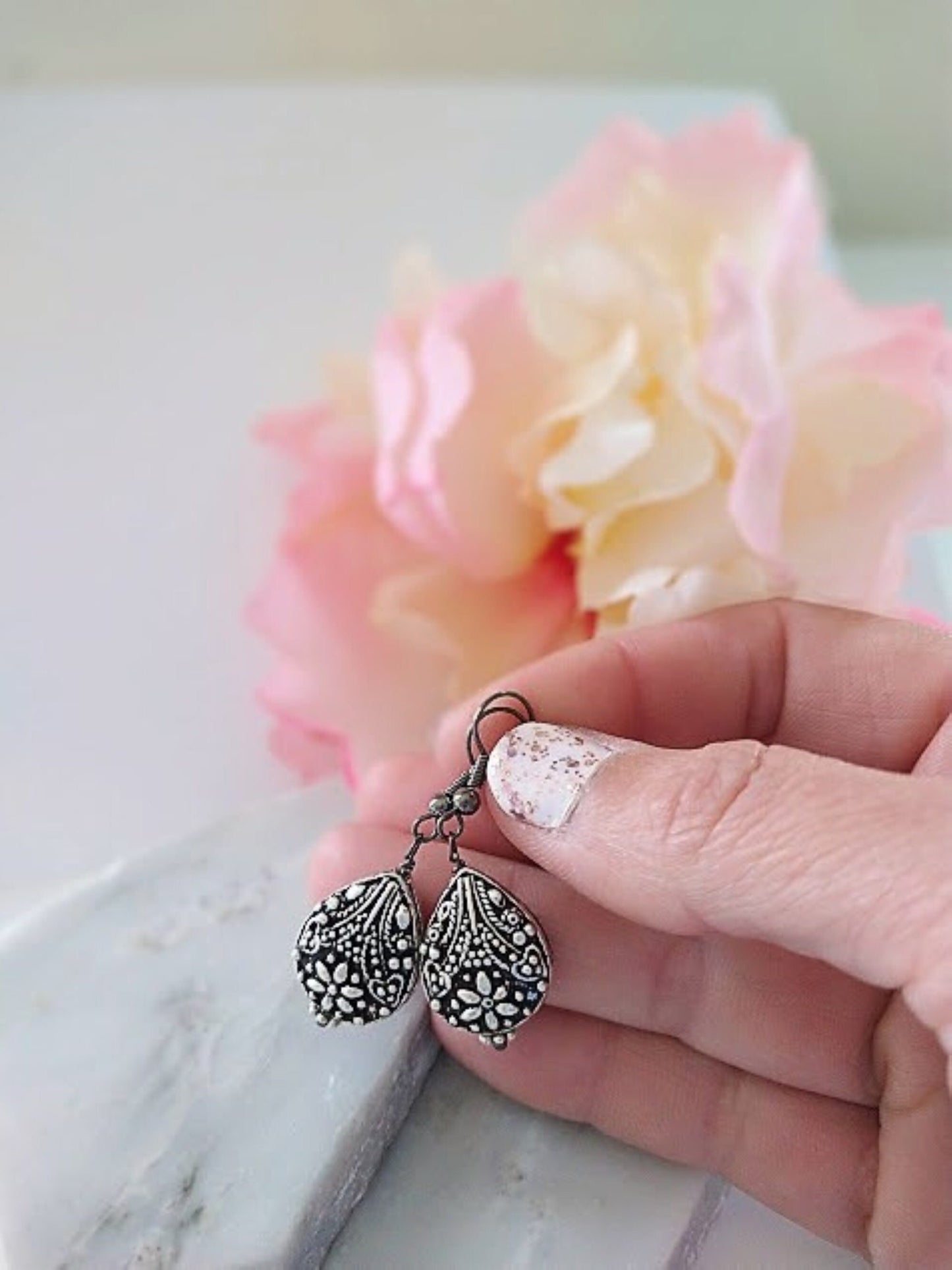 Floral Decorative Silver, Black Gunmetal Gray Teardrop Earrings, Gift For Her, Black Drops, Dainty Minimalist
