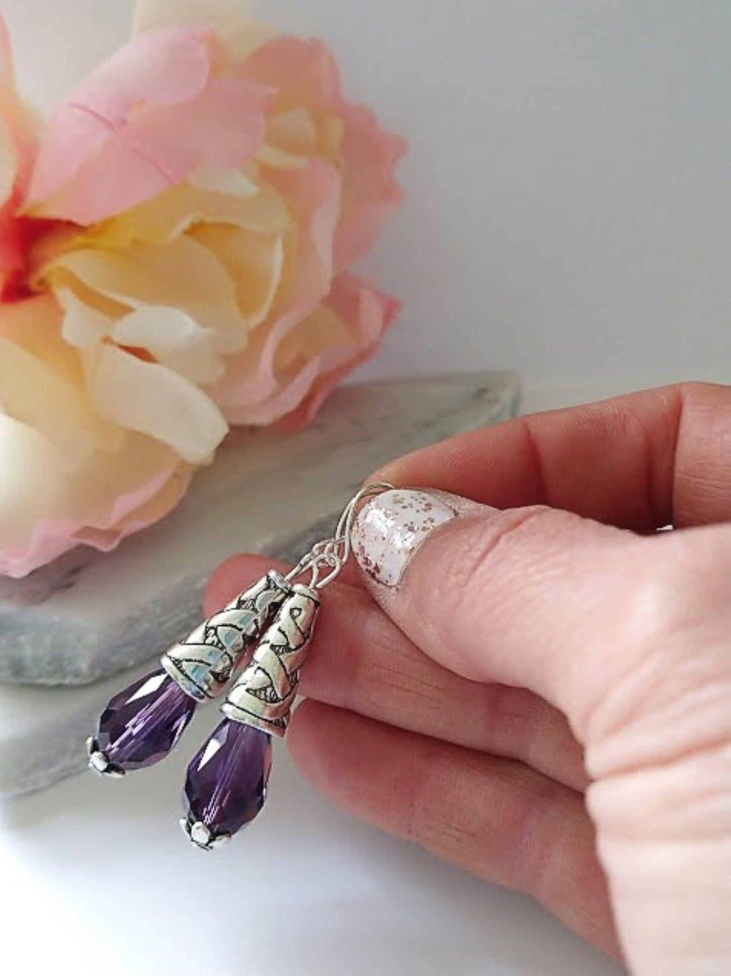 Amethyst Purple Teardrop Crystal Silver Dangle Earrings, Drop Earrings, Gift For Her, Mother's Day Gift, Amethyst Gemstone Earrings