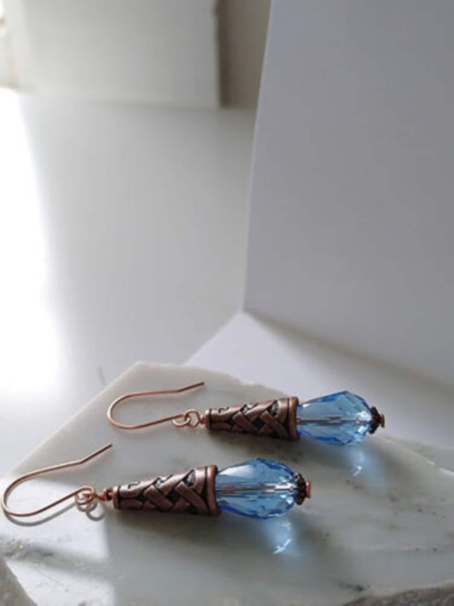 Faceted Teardrop Crystal Copper Dangle Earrings, Drop Earrings, Gift For Her, Mother's Day Gift, Art Deco Earrings, Antique Earrings