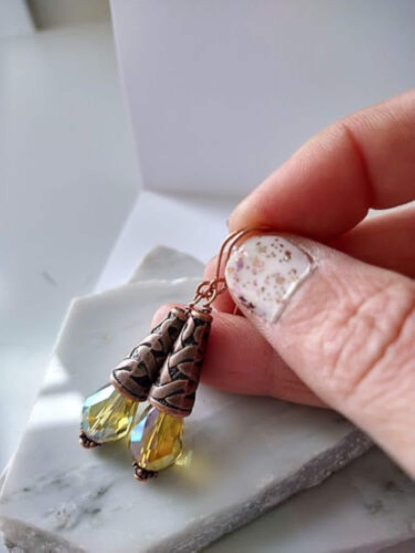 Faceted Teardrop Crystal Copper Dangle Earrings, Drop Earrings, Gift For Her, Mother's Day Gift, Art Deco Earrings, Antique Earrings