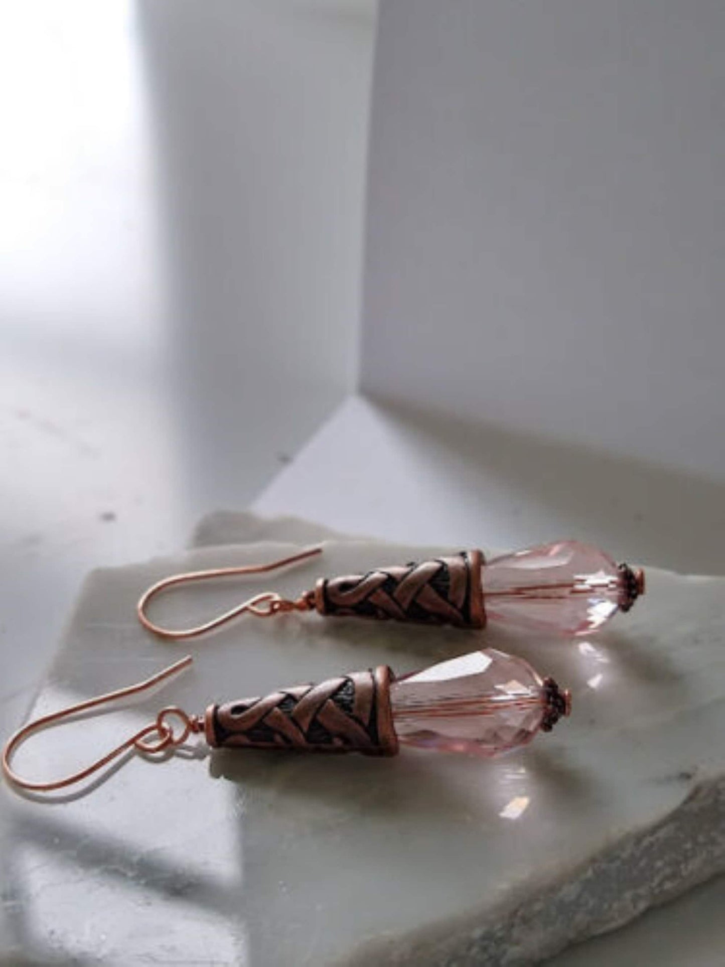 Faceted Teardrop Crystal Copper Dangle Earrings, Drop Earrings, Gift For Her, Mother's Day Gift, Art Deco Earrings, Antique Earrings