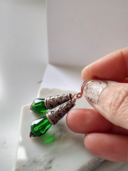 Faceted Teardrop Crystal Copper Dangle Earrings, Drop Earrings, Gift For Her, Mother's Day Gift, Art Deco Earrings, Antique Earrings