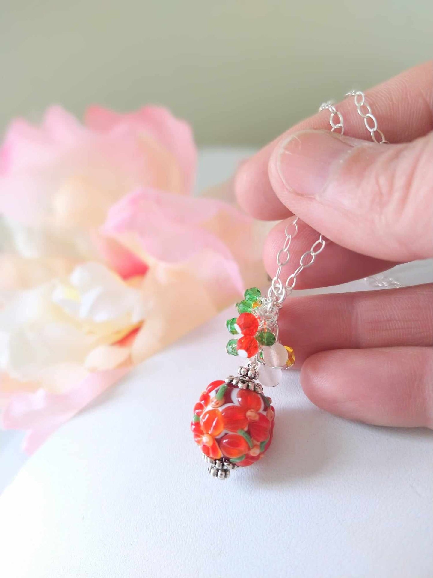 Floral Lampwork Glass Floral Pendant Necklace, Sterling Silver, Nature Lover's Gift, Fashion Jewelry, Sterling Silver Necklace