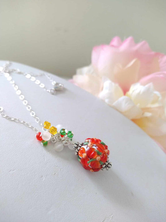 Floral Lampwork Glass Floral Pendant Necklace, Sterling Silver, Nature Lover's Gift, Fashion Jewelry, Sterling Silver Necklace