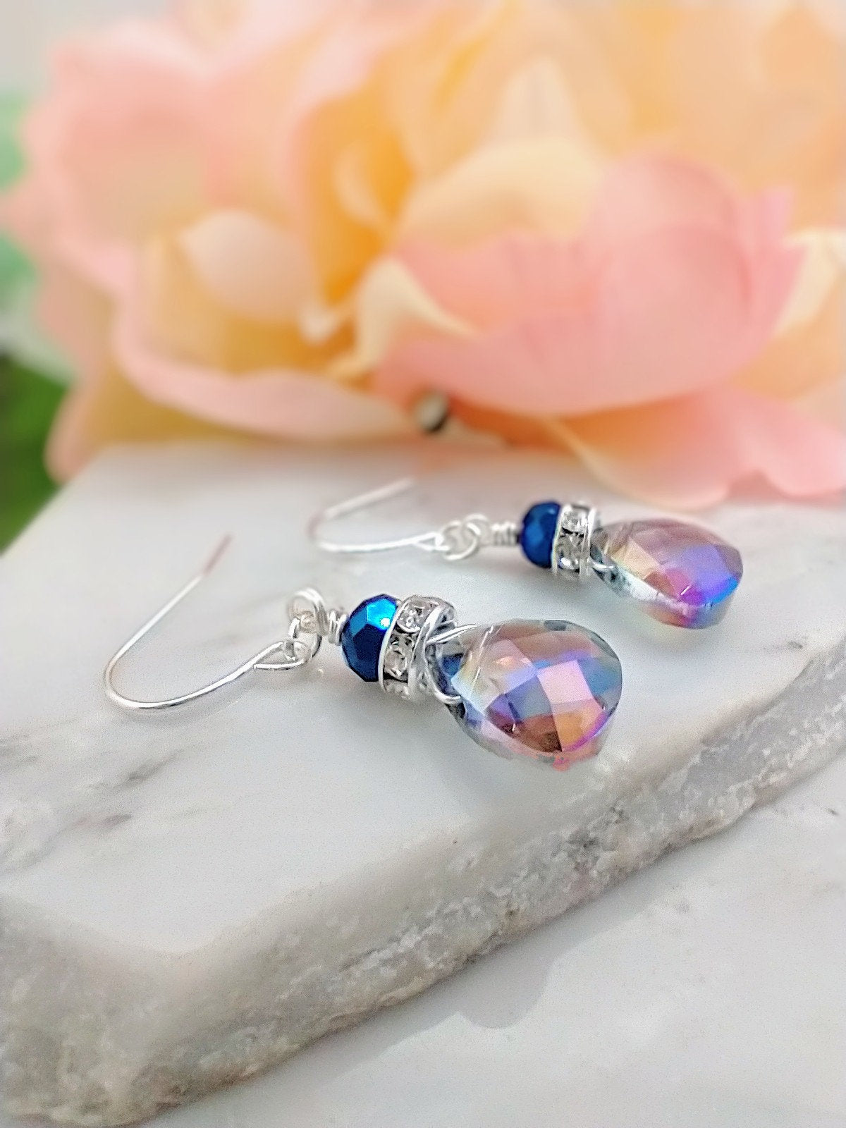 Faceted Metallic Blue Crystal Teardrop Silver Dangle Earrings, Ladies Bridal Earrings, Crystal Drops