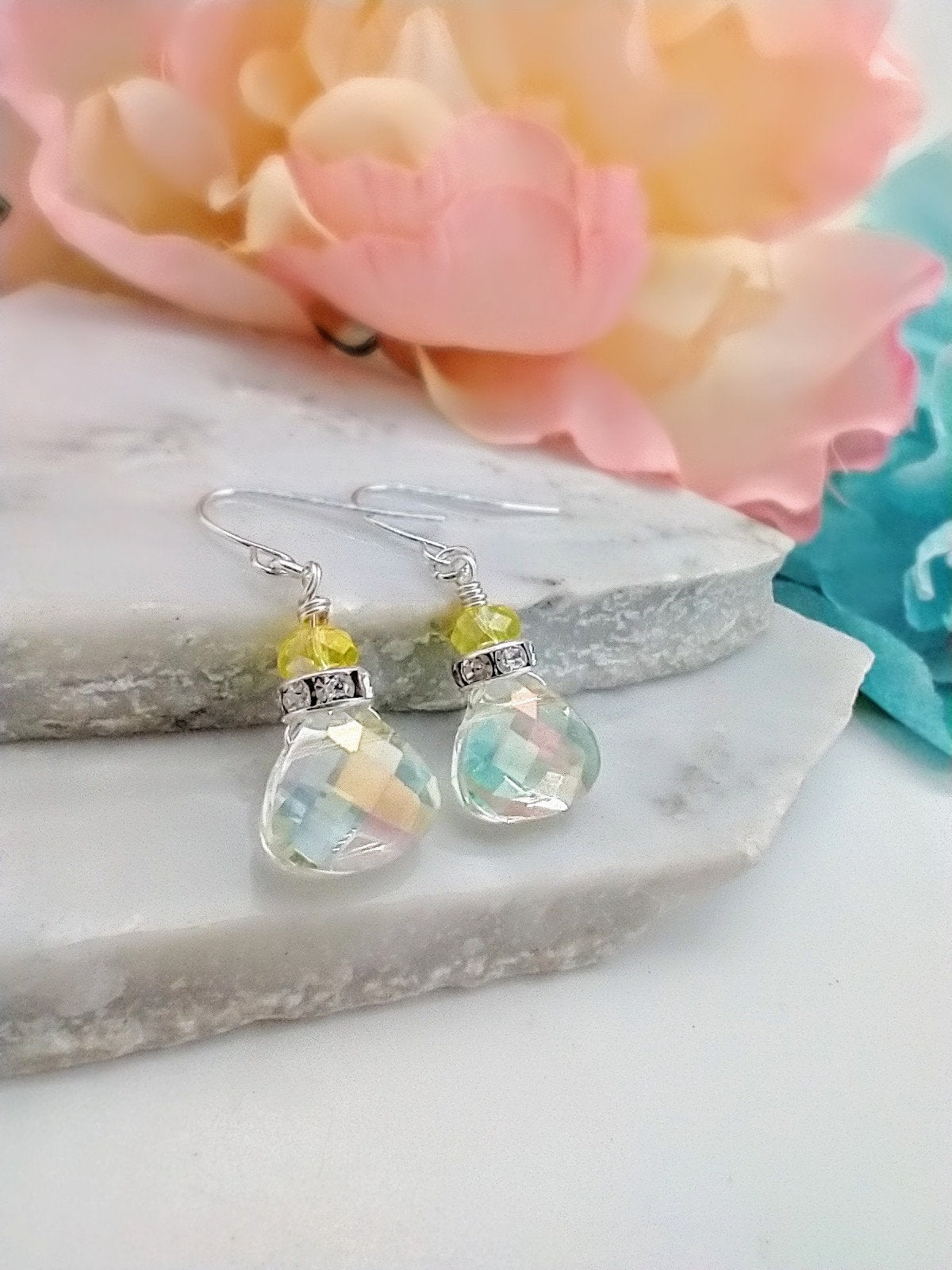 Faceted Yellow AB Crystal Teardrop Silver Dangle Earrings, Ladies Bridal Earrings, Crystal Drops