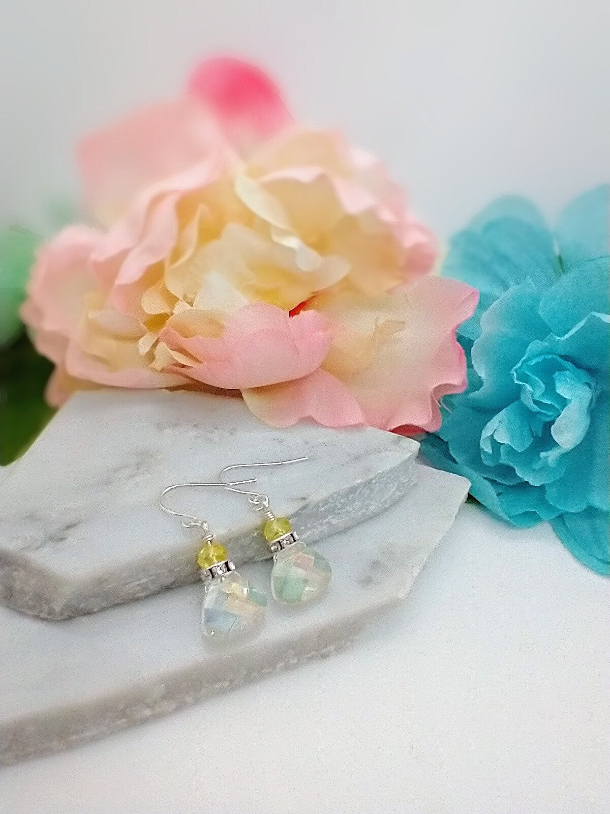 Faceted Yellow AB Crystal Teardrop Silver Dangle Earrings, Ladies Bridal Earrings, Crystal Drops