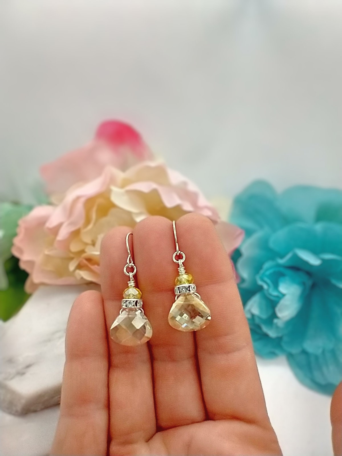 Faceted Yellow AB Crystal Teardrop Silver Dangle Earrings, Ladies Bridal Earrings, Crystal Drops