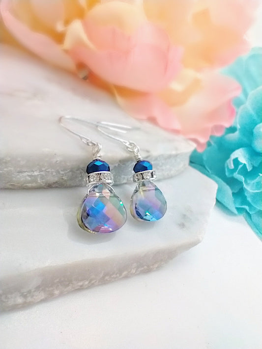 Faceted Metallic Blue Crystal Teardrop Silver Dangle Earrings, Ladies Bridal Earrings, Crystal Drops