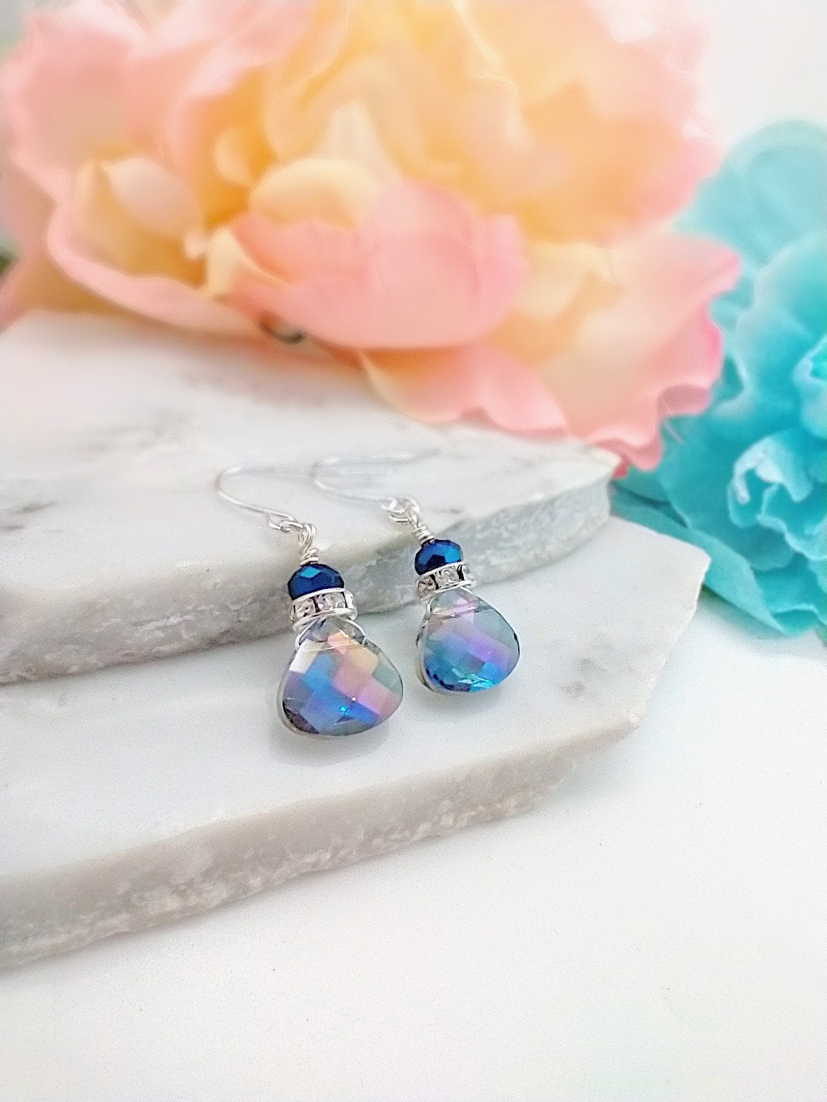 Faceted Metallic Blue Crystal Teardrop Silver Dangle Earrings, Ladies Bridal Earrings, Crystal Drops