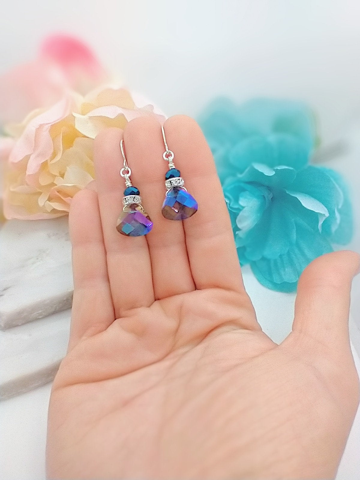 Faceted Metallic Blue Crystal Teardrop Silver Dangle Earrings, Ladies Bridal Earrings, Crystal Drops