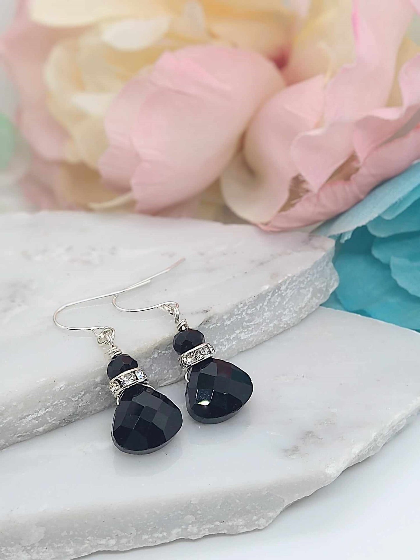 Faceted Black Onyx Crystal Teardrop Silver Dangle Earrings, Ladies Bridal Earrings, Crystal Drops