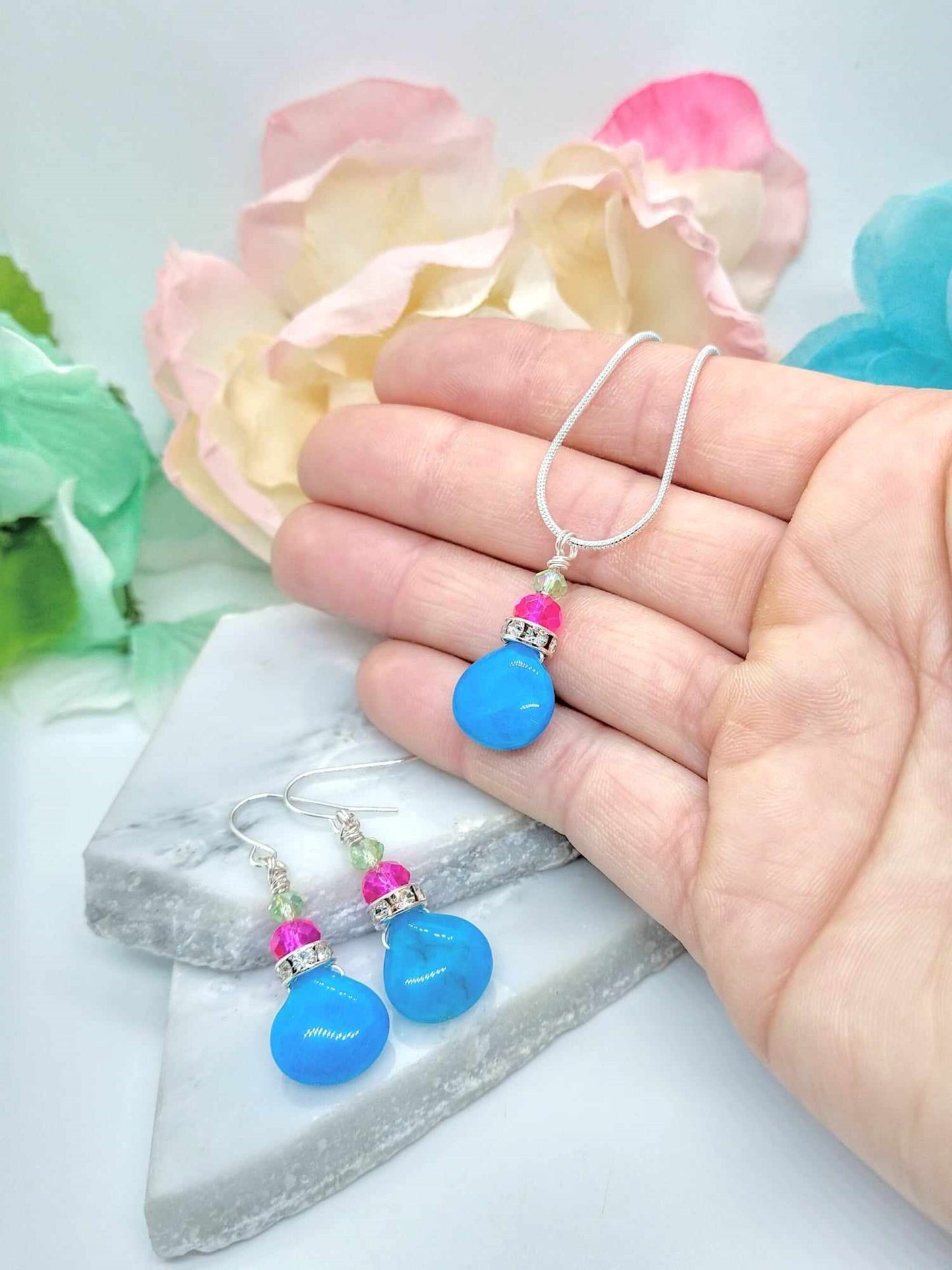 Blue Teardrop Gemstone Silver Snake Chain Necklace, 18 Inch, Teardrop Charm Dainty Minimalist