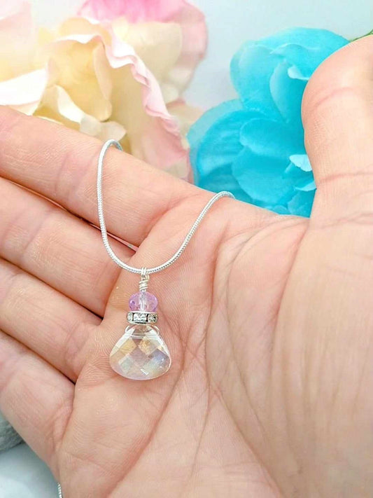Clear Crystal Silver Snake Chain Necklace, 18 Inch, Teardrop Charm Dainty Minimalist, Personalized