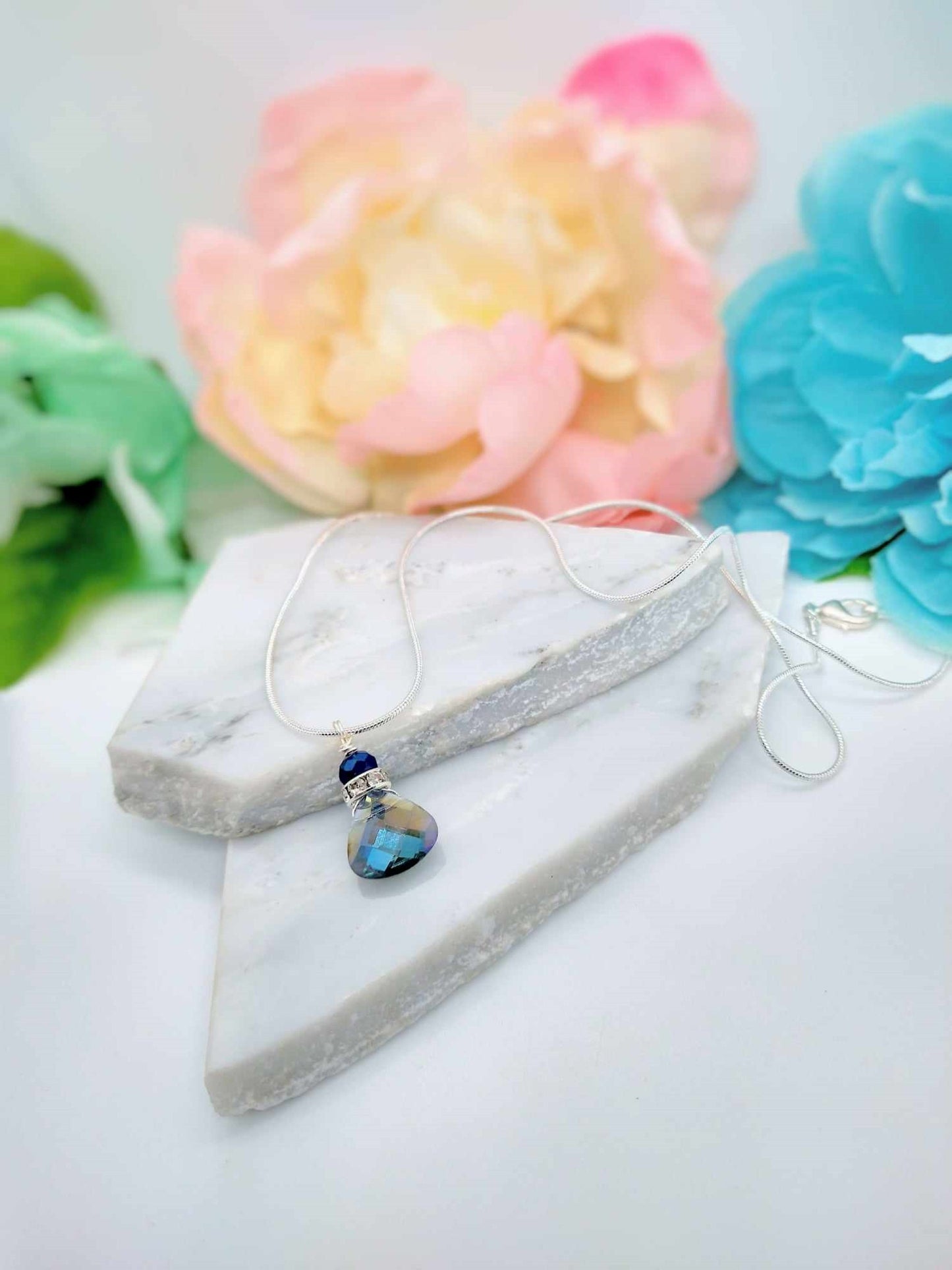 Faceted Metallic Blue Crystal Snake Chain Necklace, 18 Inch, Teardrop Charm Dainty Minimalist, Personalized