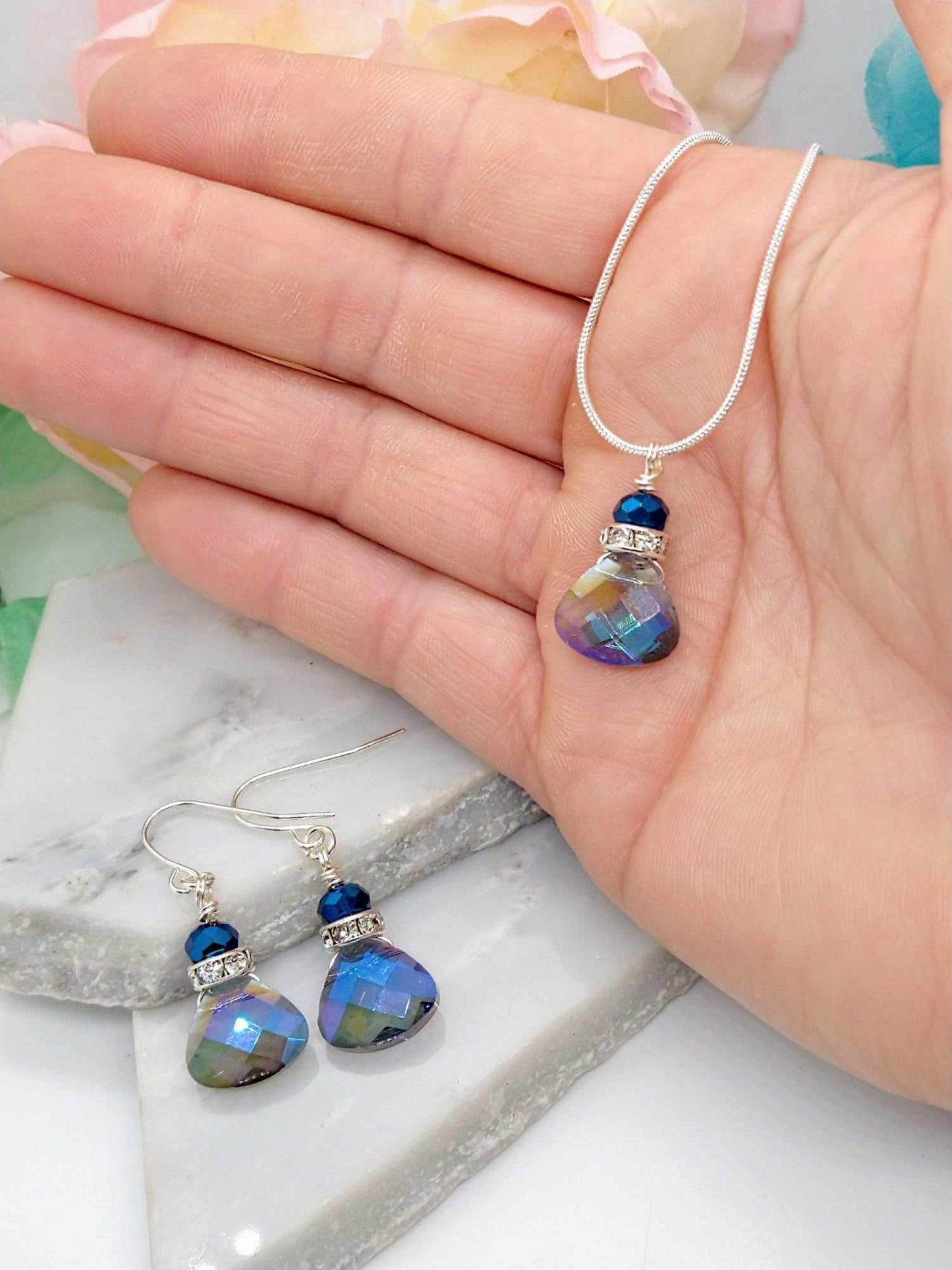 Faceted Metallic Blue Crystal Snake Chain Necklace, 18 Inch, Teardrop Charm Dainty Minimalist, Personalized