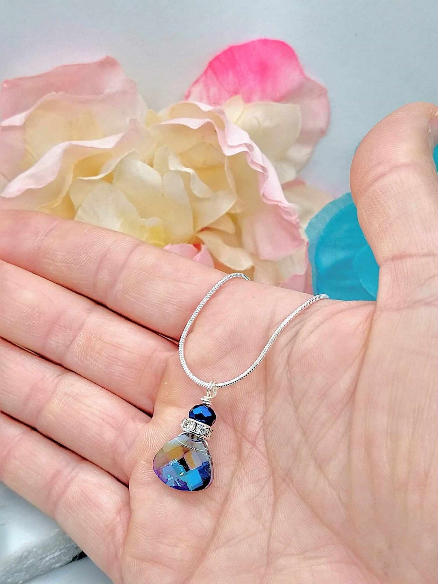 Faceted Metallic Blue Crystal Snake Chain Necklace, 18 Inch, Teardrop Charm Dainty Minimalist, Personalized