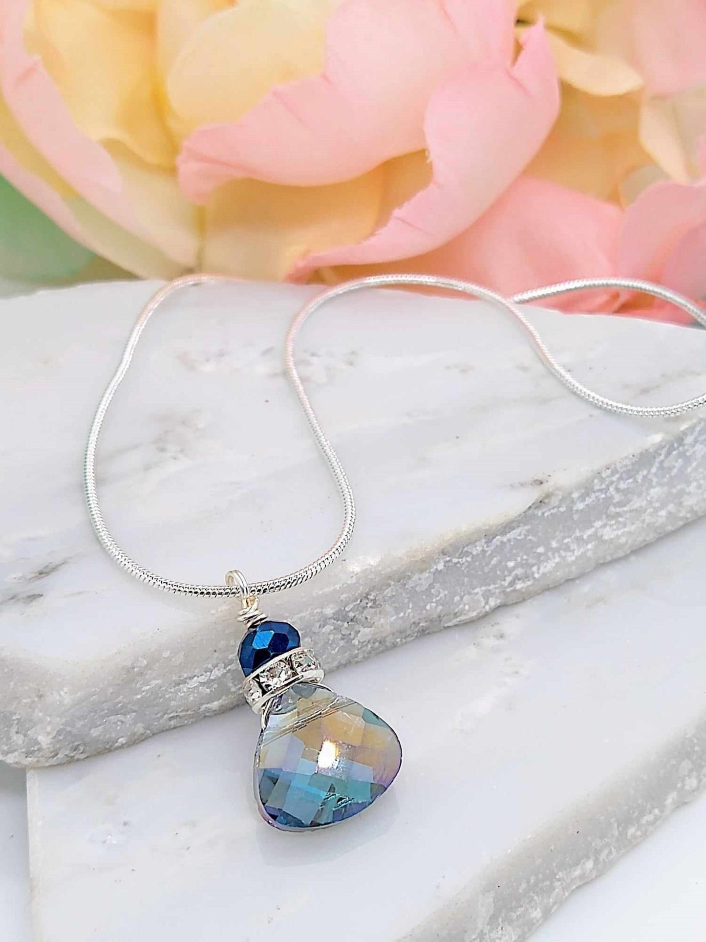 Faceted Metallic Blue Crystal Snake Chain Necklace, 18 Inch, Teardrop Charm Dainty Minimalist, Personalized