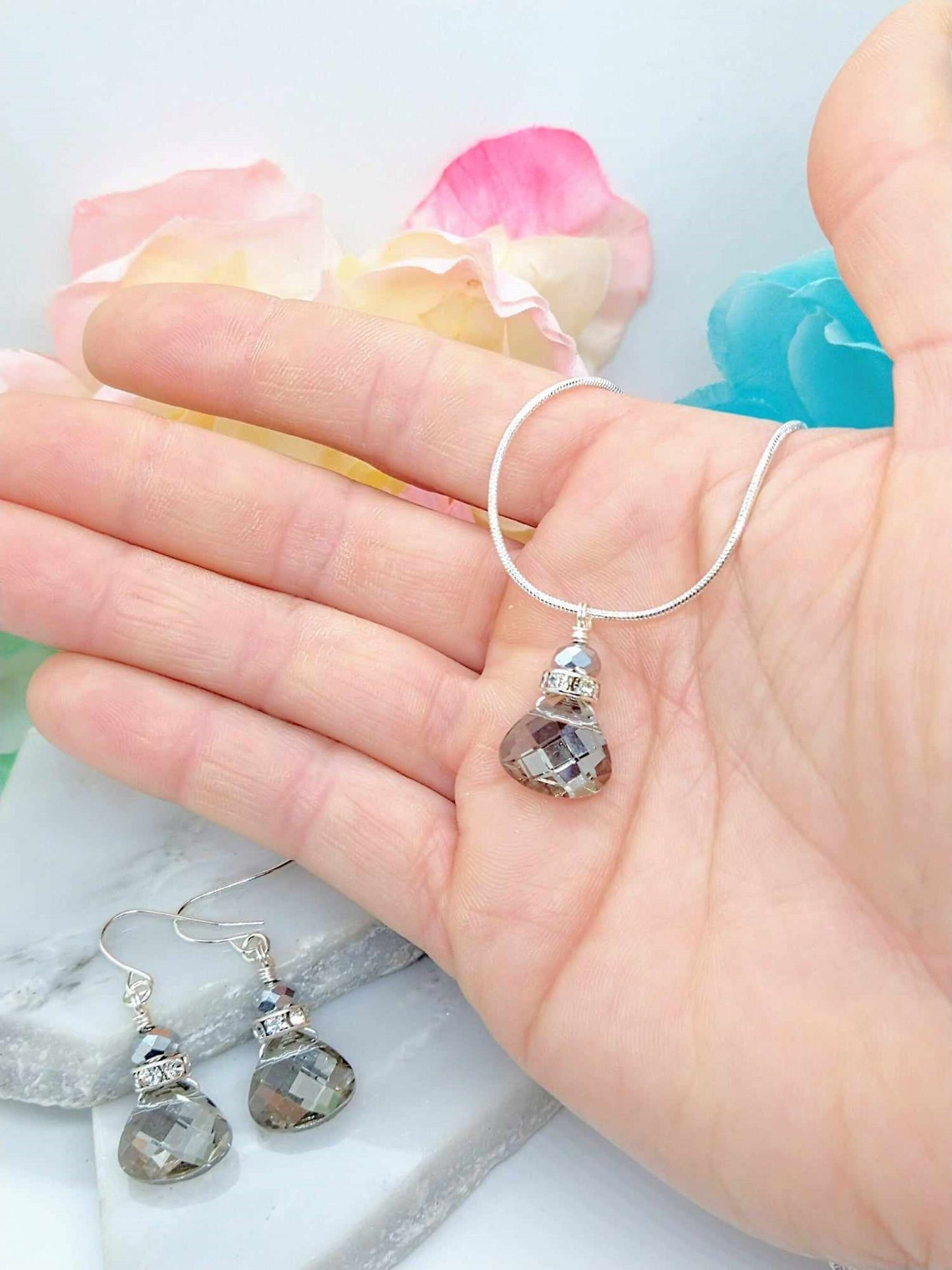 Faceted Metallic Silver Crystal Snake Chain Necklace, 18 Inch, Teardrop Charm Dainty Minimalist, Personalized