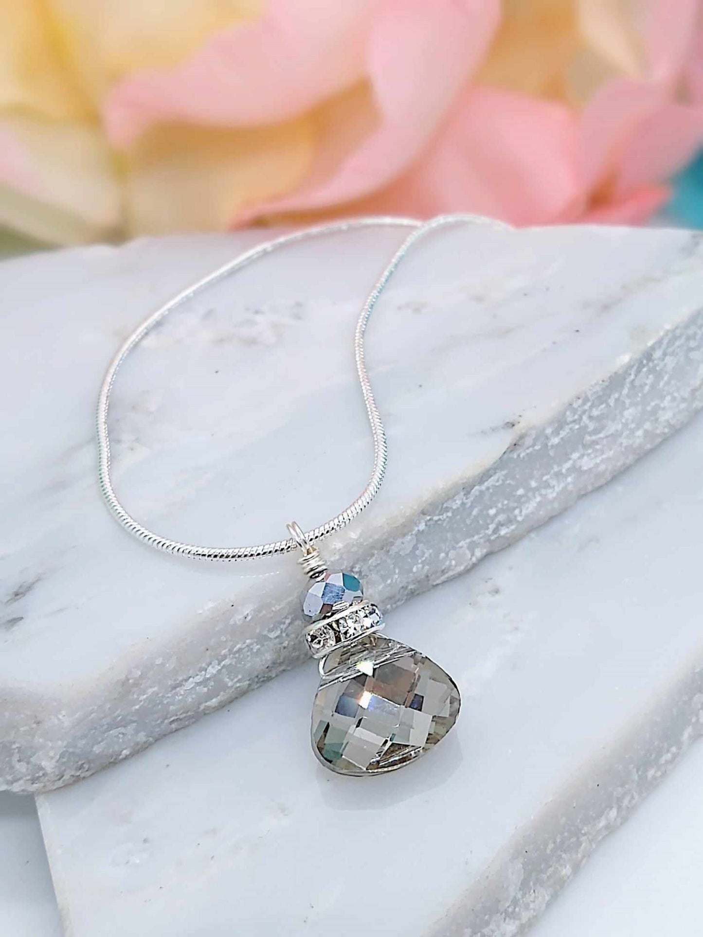 Faceted Metallic Silver Crystal Snake Chain Necklace, 18 Inch, Teardrop Charm Dainty Minimalist, Personalized