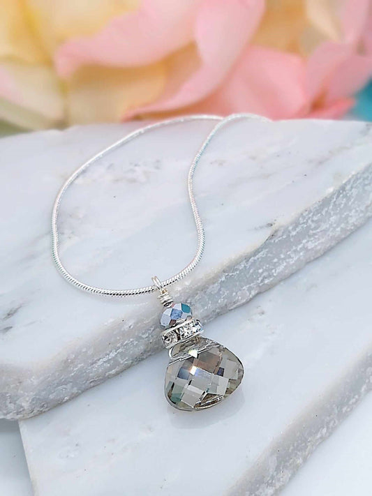 Faceted Metallic Silver Crystal Snake Chain Necklace, 18 Inch, Teardrop Charm Dainty Minimalist, Personalized