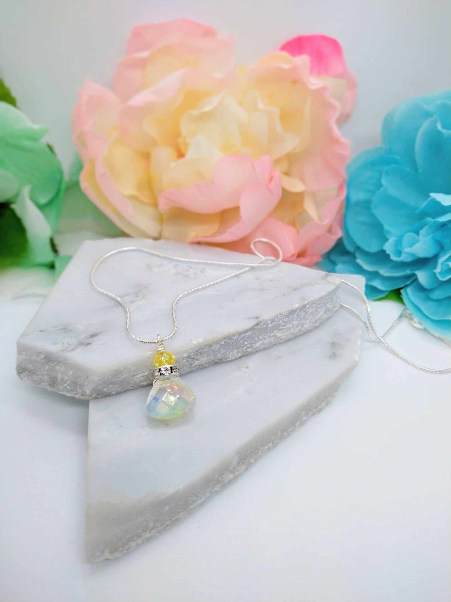 Faceted Clear Yellow Crystal Snake Chain Necklace, 18 Inch, Teardrop Charm Dainty Minimalist, Personalized