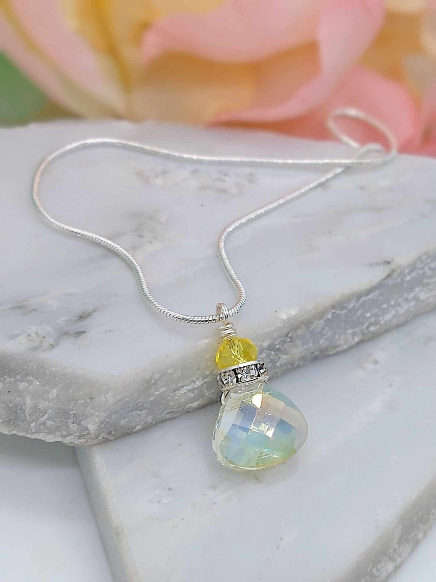 Faceted Clear Yellow Crystal Snake Chain Necklace, 18 Inch, Teardrop Charm Dainty Minimalist, Personalized