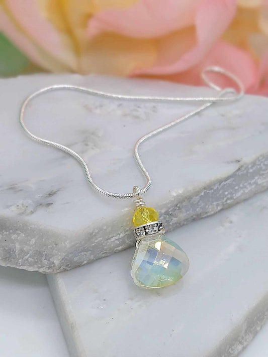 Faceted Clear Yellow Crystal Snake Chain Necklace, 18 Inch, Teardrop Charm Dainty Minimalist, Personalized