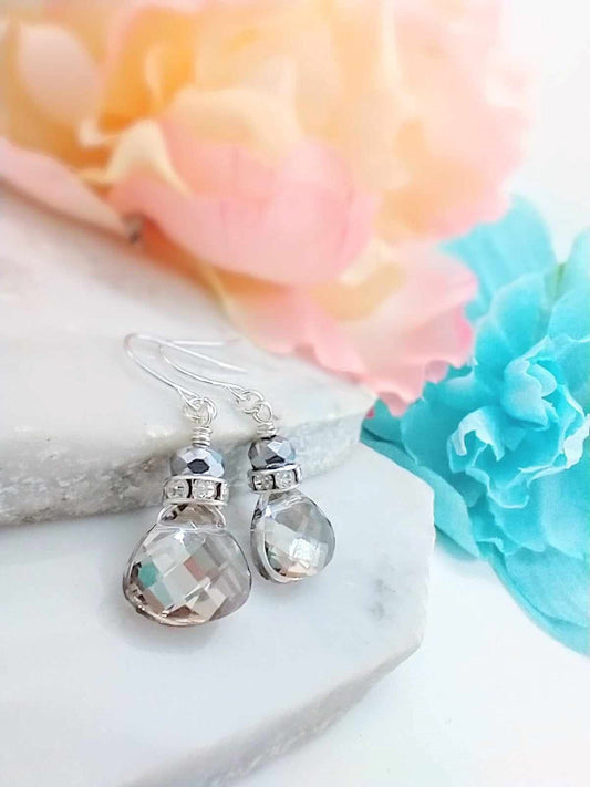 Faceted Metallic Silver Crystal Teardrop Silver Dangle Earrings, Ladies Bridal Earrings, Crystal Drops