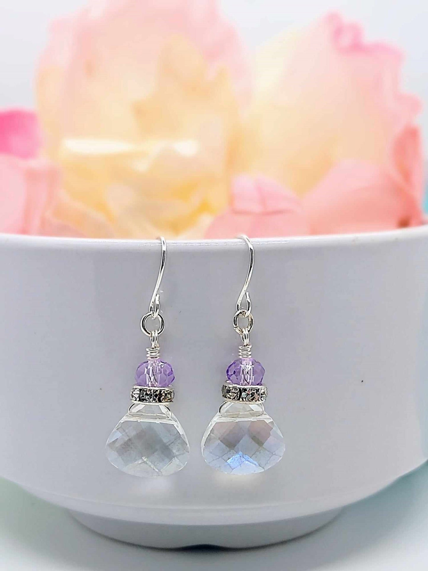 Faceted Clear Crystal Teardrop Silver Dangle Earrings, Ladies Bridal Earrings, Crystal Drops