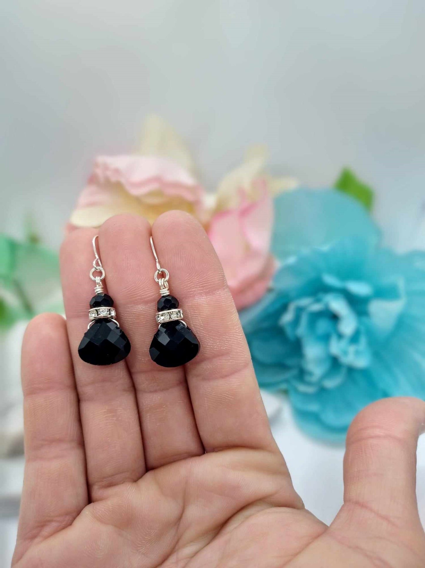 Faceted Black Onyx Crystal Teardrop Silver Dangle Earrings, Ladies Bridal Earrings, Crystal Drops
