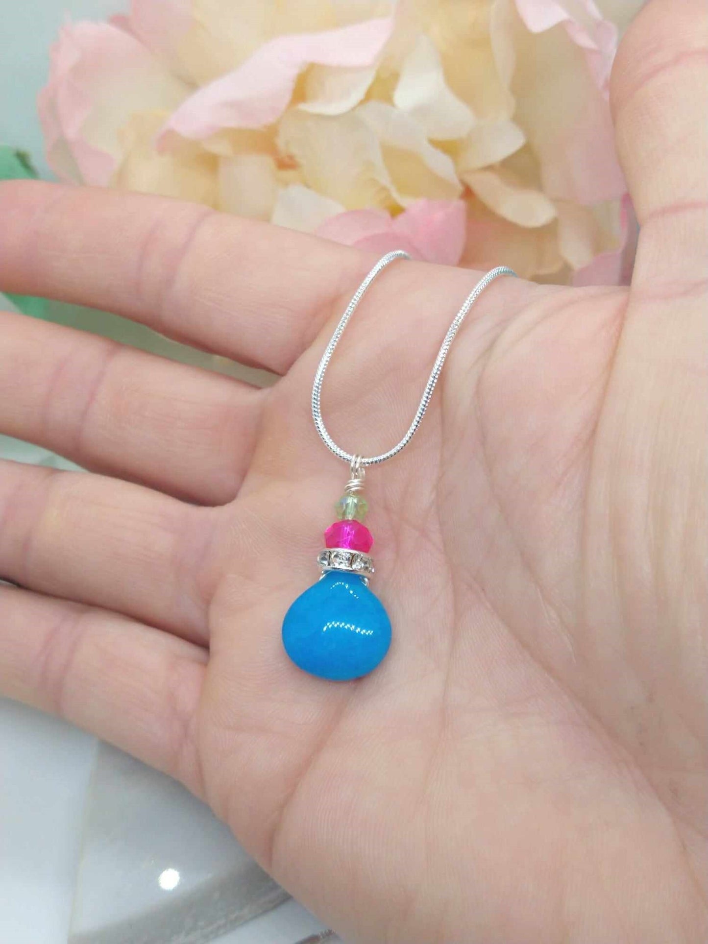 Blue Teardrop Gemstone Silver Snake Chain Necklace, 18 Inch, Teardrop Charm Dainty Minimalist