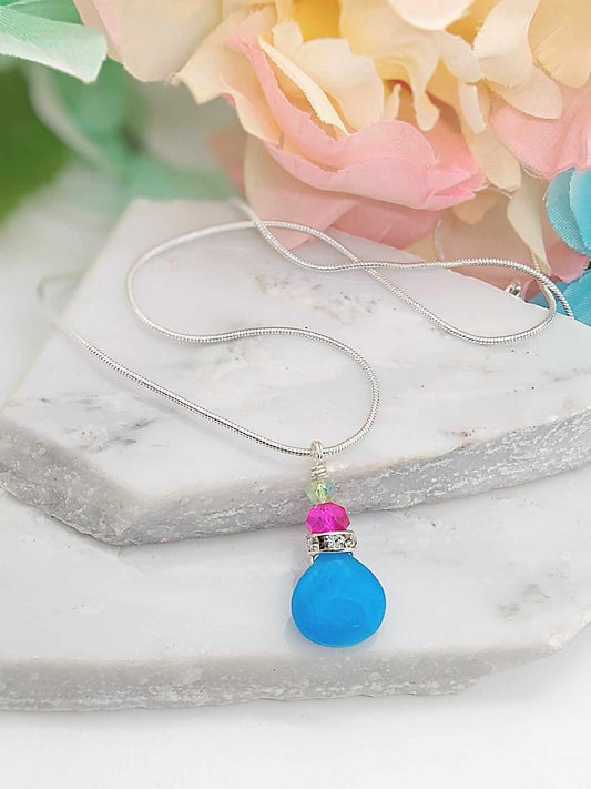 Blue Teardrop Gemstone Silver Snake Chain Necklace, 18 Inch, Teardrop Charm Dainty Minimalist