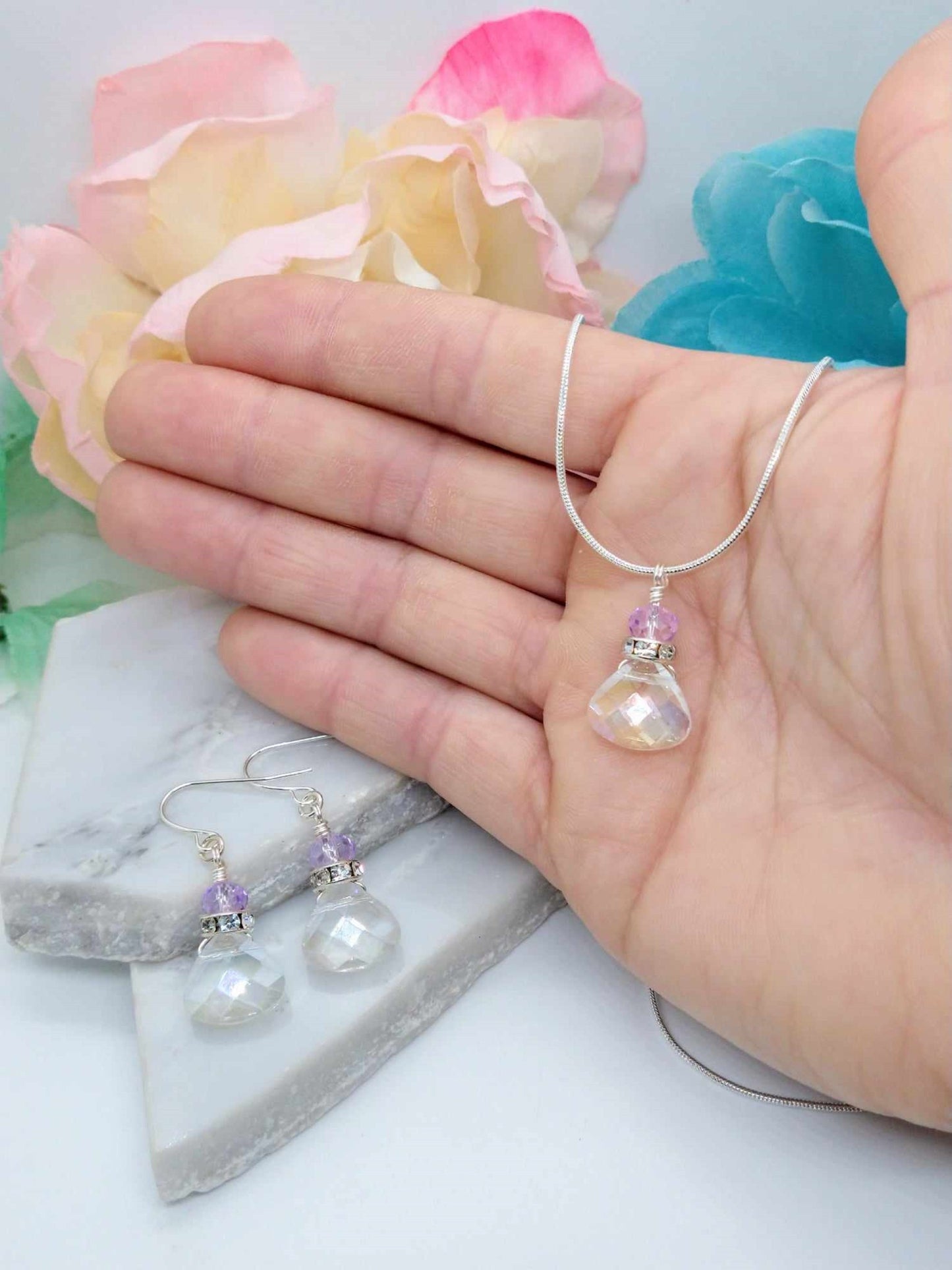 Clear Crystal Silver Snake Chain Necklace, 18 Inch, Teardrop Charm Dainty Minimalist, Personalized
