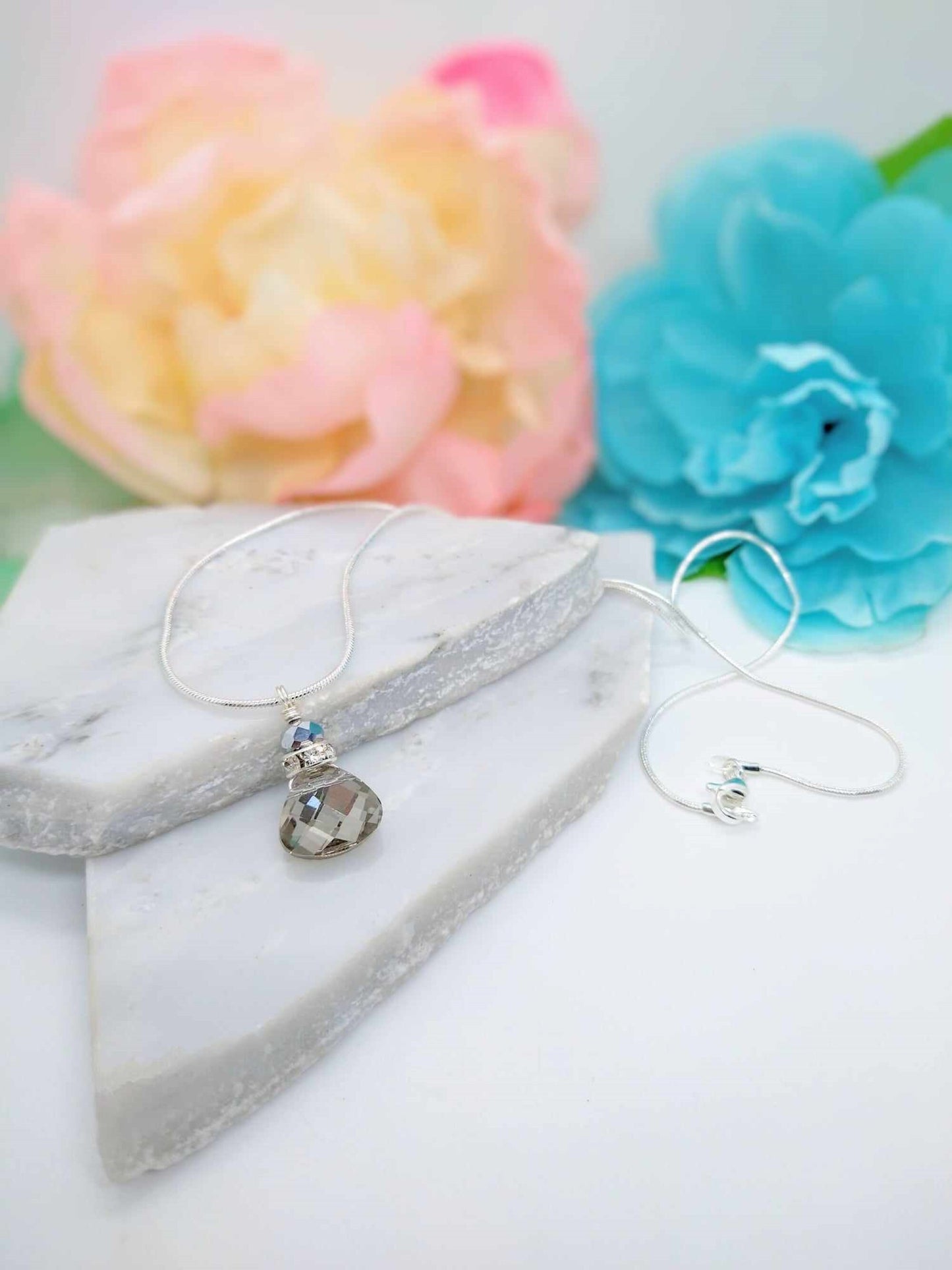 Faceted Metallic Silver Crystal Snake Chain Necklace, 18 Inch, Teardrop Charm Dainty Minimalist, Personalized