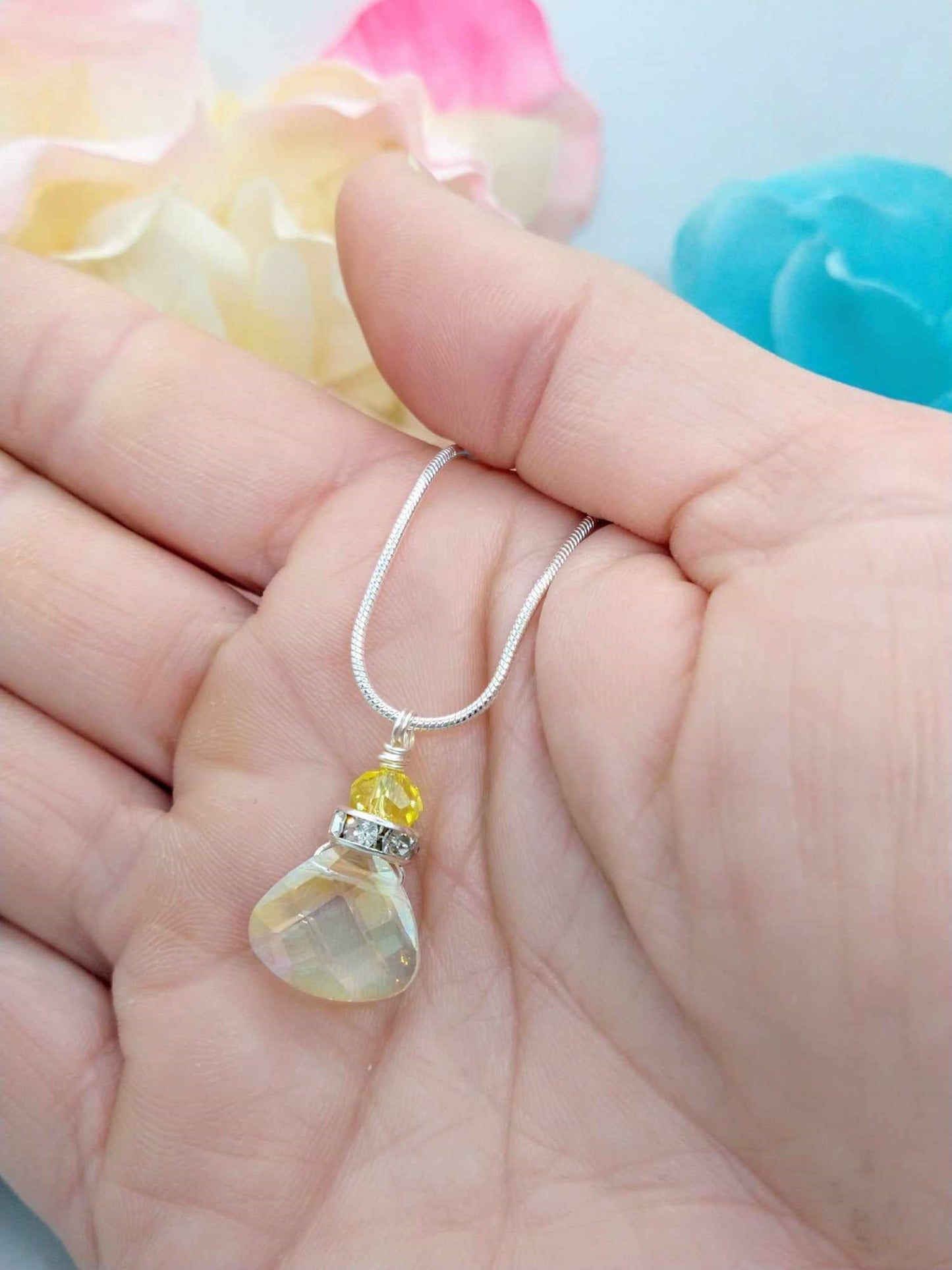 Faceted Clear Yellow Crystal Snake Chain Necklace, 18 Inch, Teardrop Charm Dainty Minimalist, Personalized