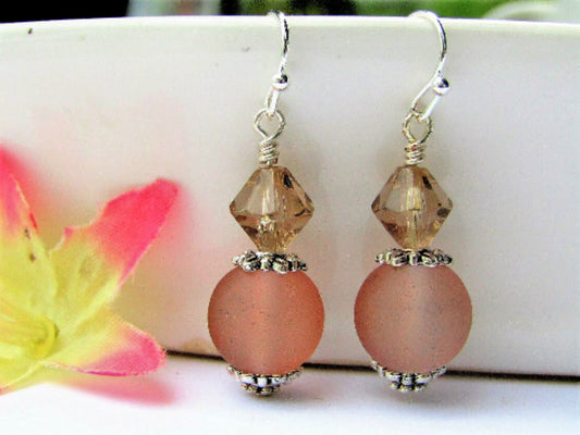 Beige Sea Glass Silver Dangle Earrings-Beach Dangles-Gift For Beach Lover-Gift For Her-Bridal Drops-Minimalist Dainty