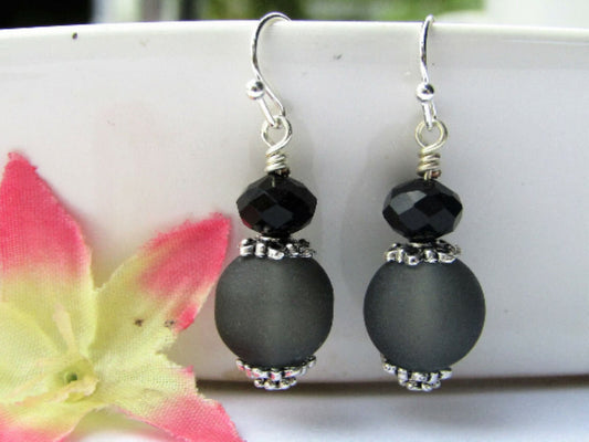 Black Sea Glass Silver Dangle Earrings-Beach Dangles-Gift For Beach Lover-Gift For Her-Bridal Drops-Minimalist Dainty