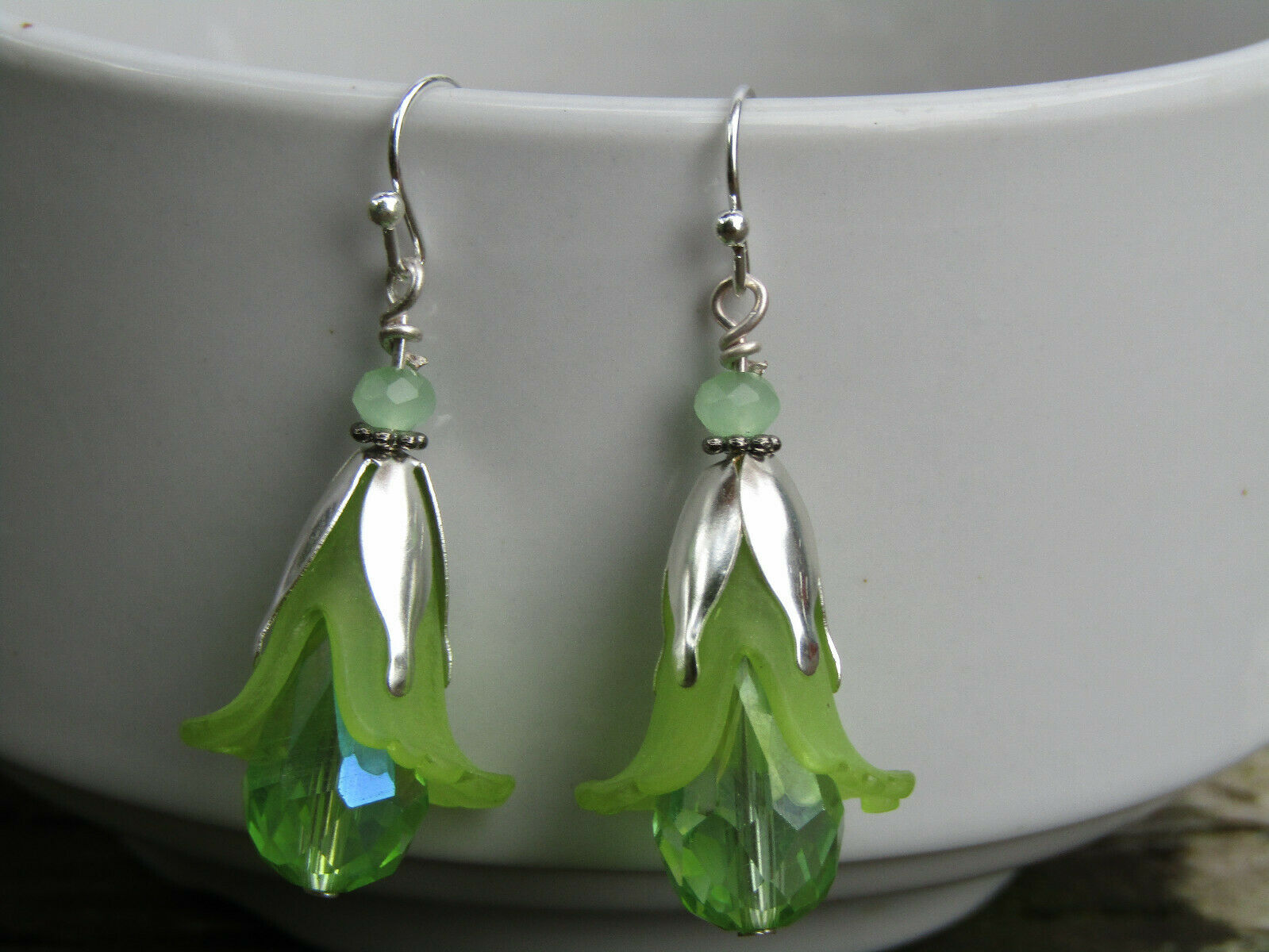 Flower Earrings Green Tulip Cala Lily Silver Dangle Earrings Sparkling Crystal - Bad Apple Designs Jewelry