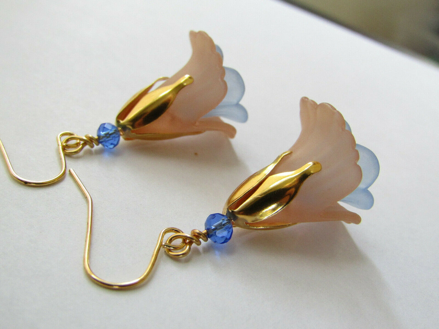 Flower Earrings Beige/Blue Tulip Cala Lily Gold Dangle Earrings Usa Handmade - Bad Apple Designs Jewelry